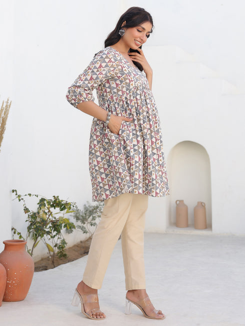 Cream Pure Cotton Geometric Printed A-line Maternity Tunic